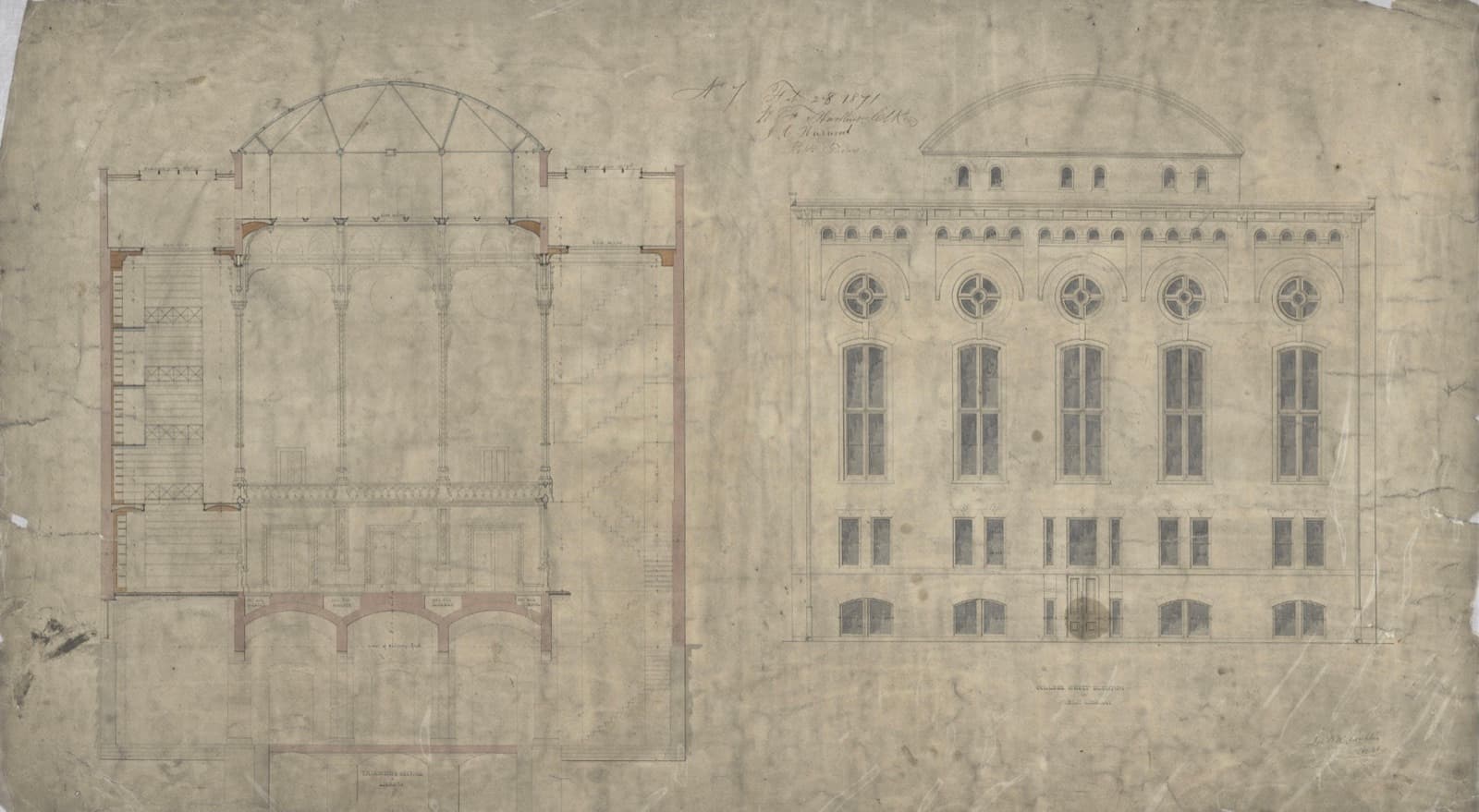 Plano de 1871: corte transversal y fachada de la antigua biblioteca de Cincinnati