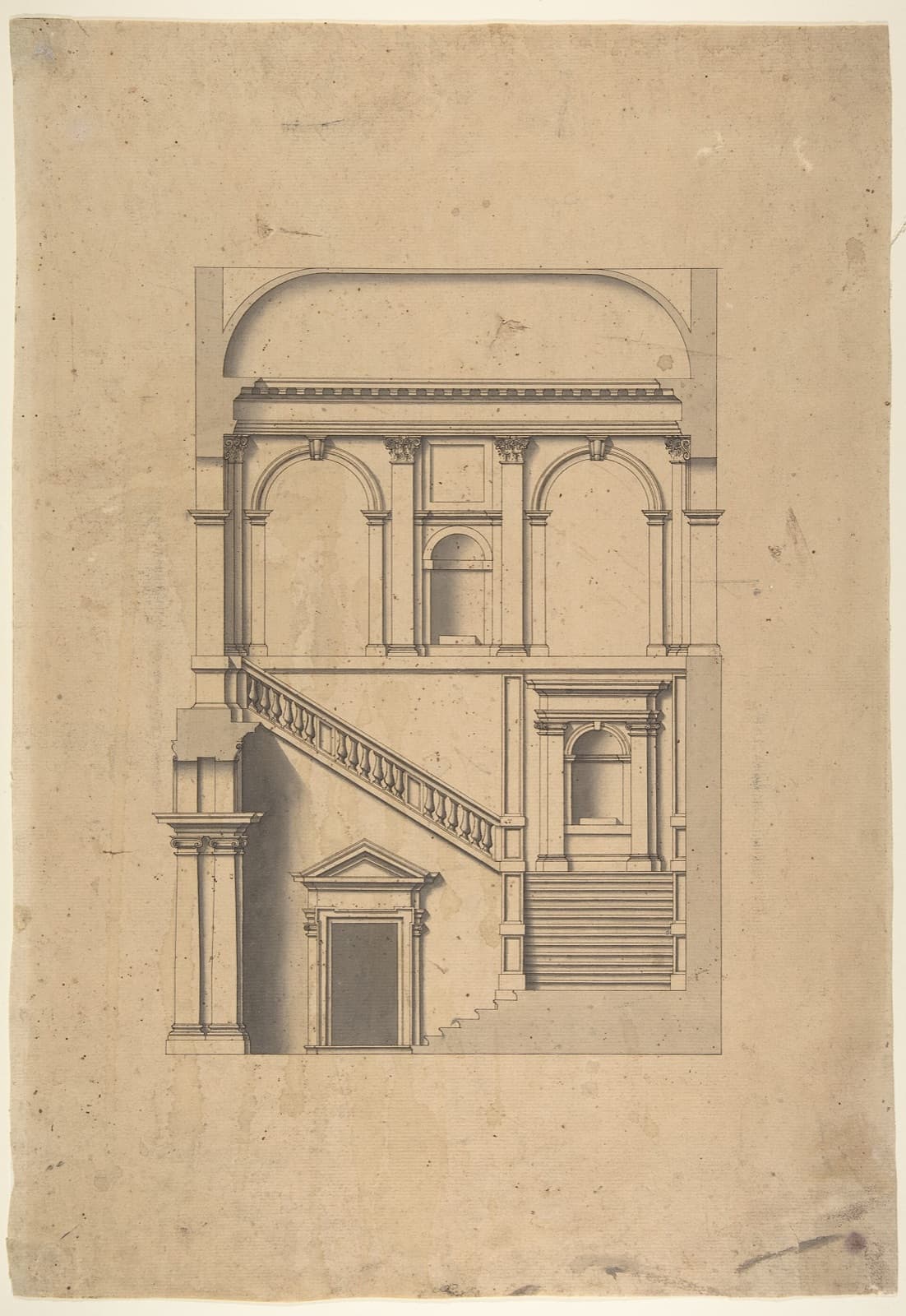 Grabado del siglo XVIII con el corte de un edificio: plantas, escaleras y columnas